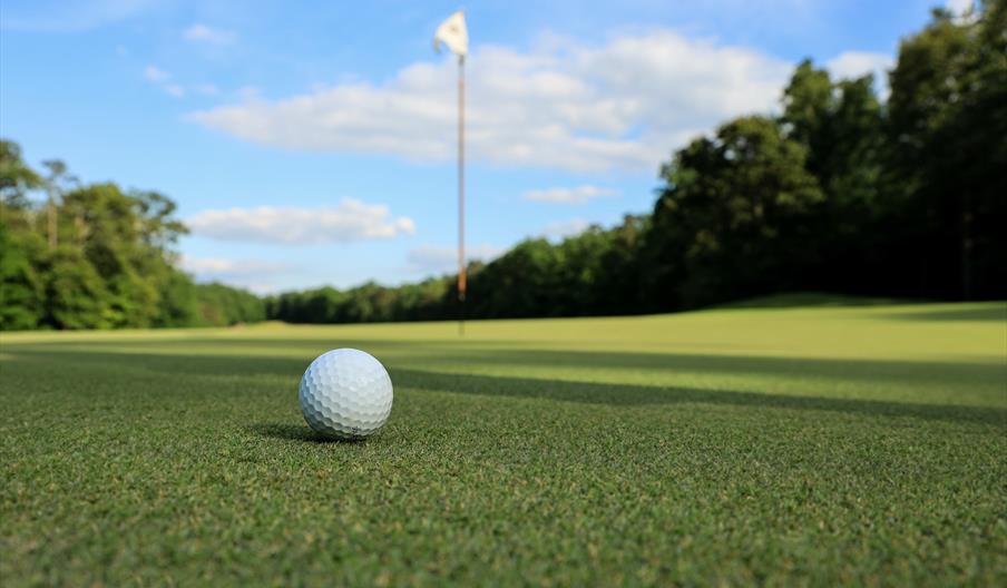 Golf ball near hole with flag